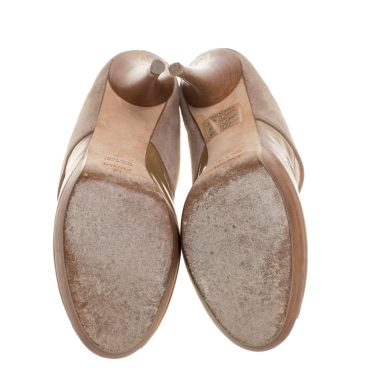 Pre Owned Fendi Beige/Tan Patent Leather and Suede Slingback Platform Sandals Size 40