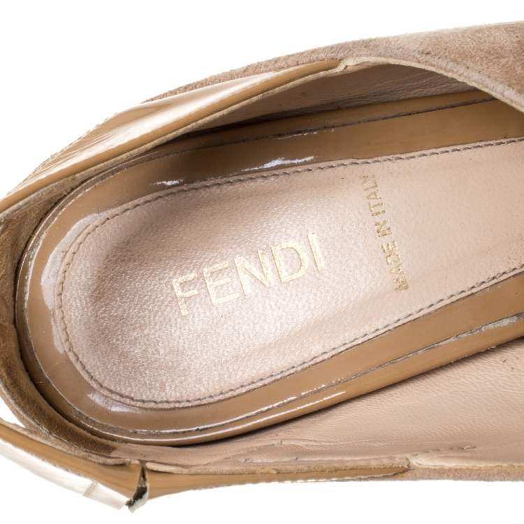 Pre Owned Fendi Beige/Tan Patent Leather and Suede Slingback Platform Sandals Size 40