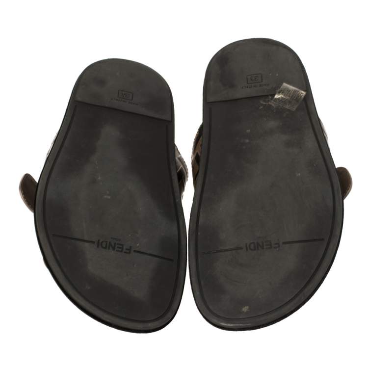 Pre Owned Fendi Brown Leather FF Buckle Slide Sandals Size 38