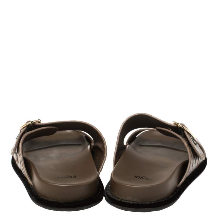 Pre Owned Fendi Brown Leather FF Buckle Slide Sandals Size 38