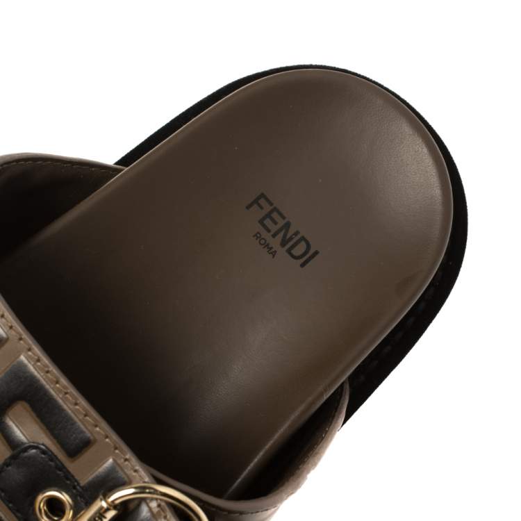 Pre Owned Fendi Brown Leather FF Buckle Slide Sandals Size 38