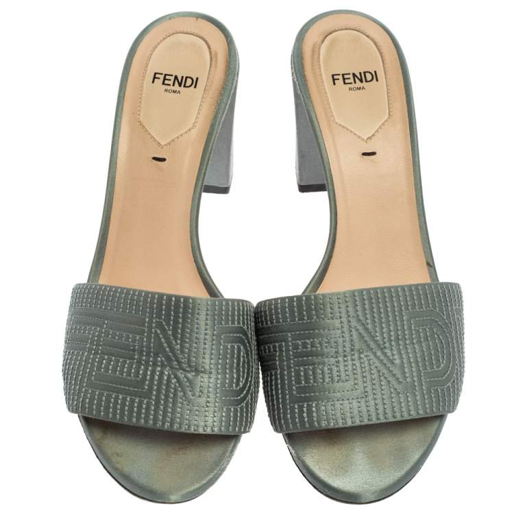 Pre Owned Fendi Grey Satin Logo Embroidered Block Heel Slides Size 37