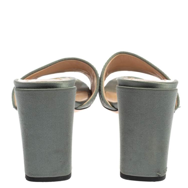Pre Owned Fendi Grey Satin Logo Embroidered Block Heel Slides Size 37
