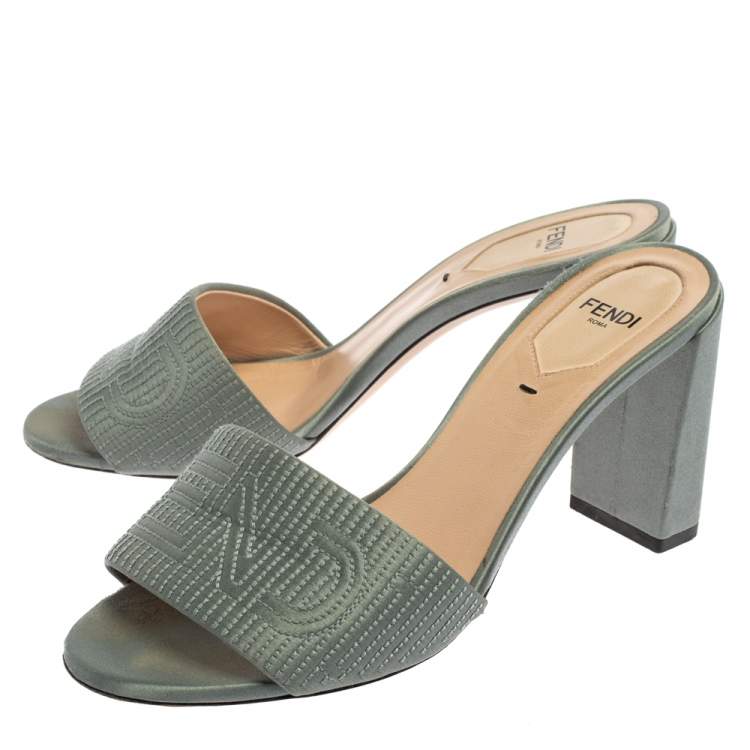 Pre Owned Fendi Grey Satin Logo Embroidered Block Heel Slides Size 37