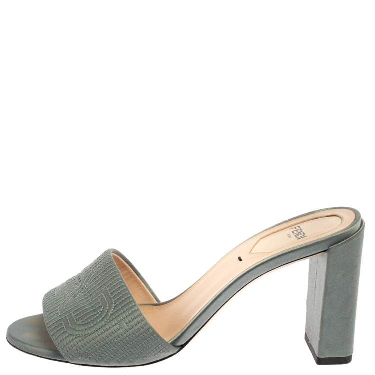 Pre Owned Fendi Grey Satin Logo Embroidered Block Heel Slides Size 37