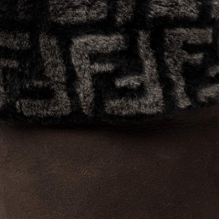 مملوكة مسبقًا Fendi Brown Suede And Shearling Fur Wedge Knee High Boots Size 39