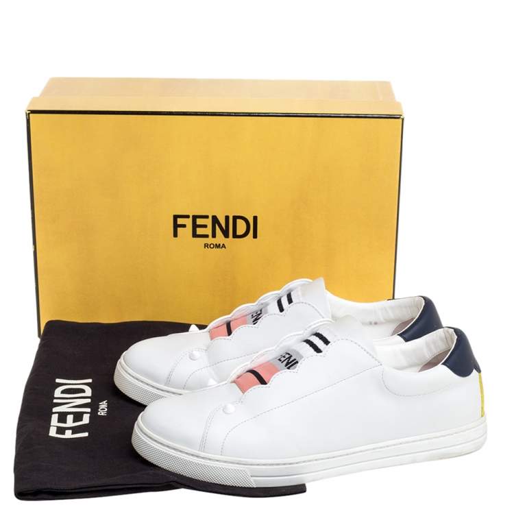 Pre Owned Fendi White Leather Scalloped Low-Top Sneakers Size 38