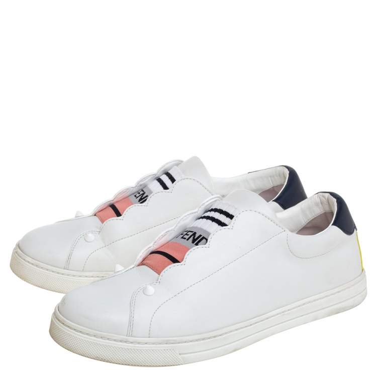 Pre Owned Fendi White Leather Scalloped Low-Top Sneakers Size 38