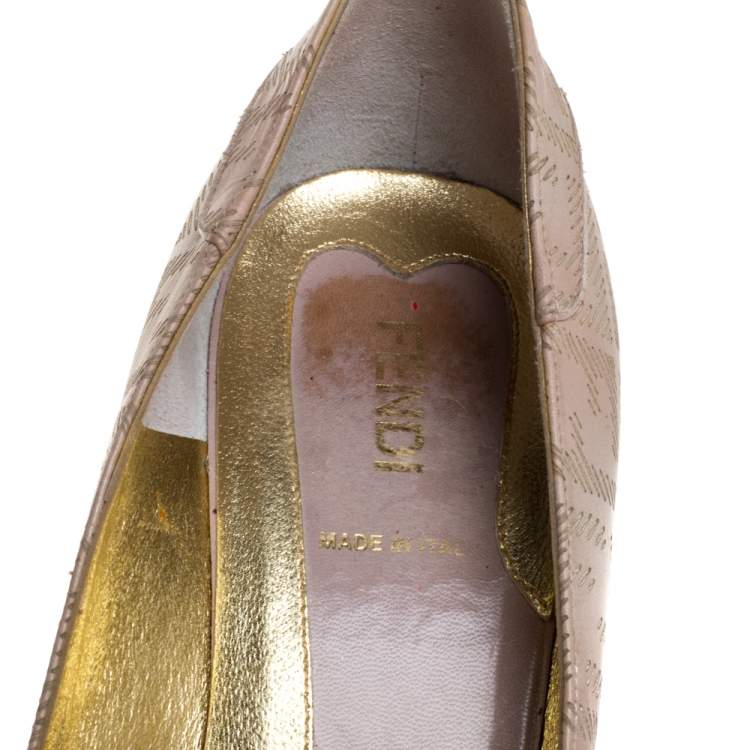 Pre Owned Fendi Beige FF Engraved Leather Mirror Logo Embellished Pumps Size 39
