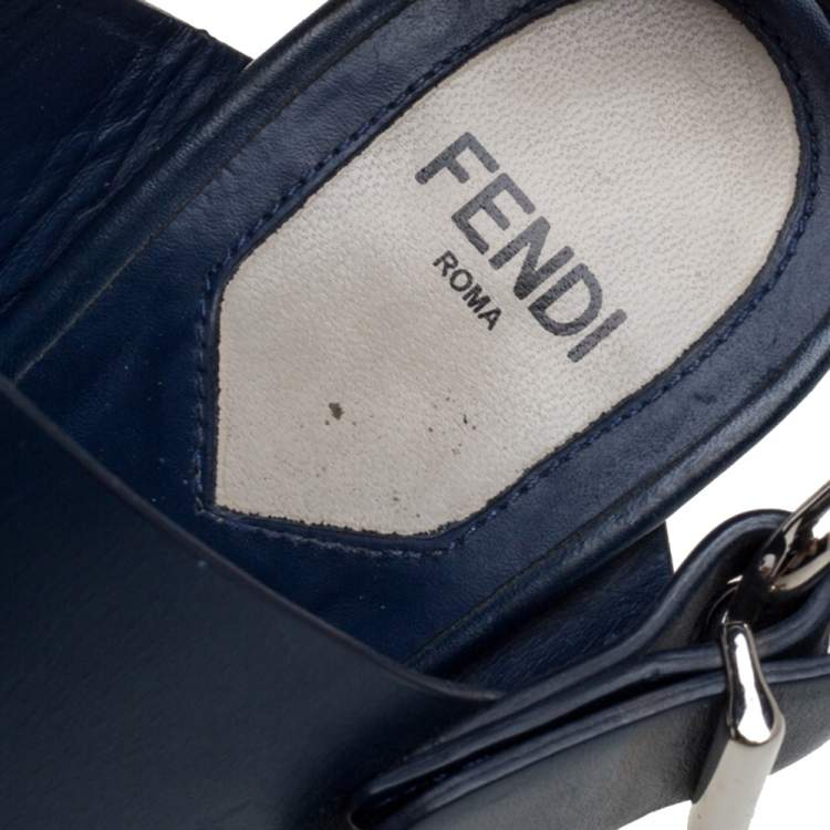 Pre Owned Fendi Blue Leather Metal Block Heel Ankle Strap Sandals Size 37.5