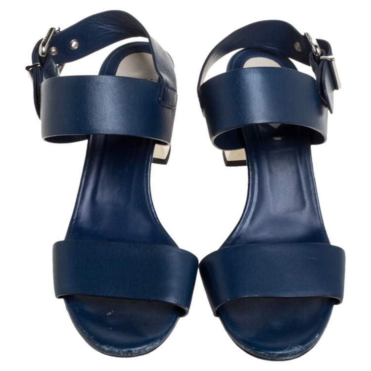 Pre Owned Fendi Blue Leather Metal Block Heel Ankle Strap Sandals Size 37.5