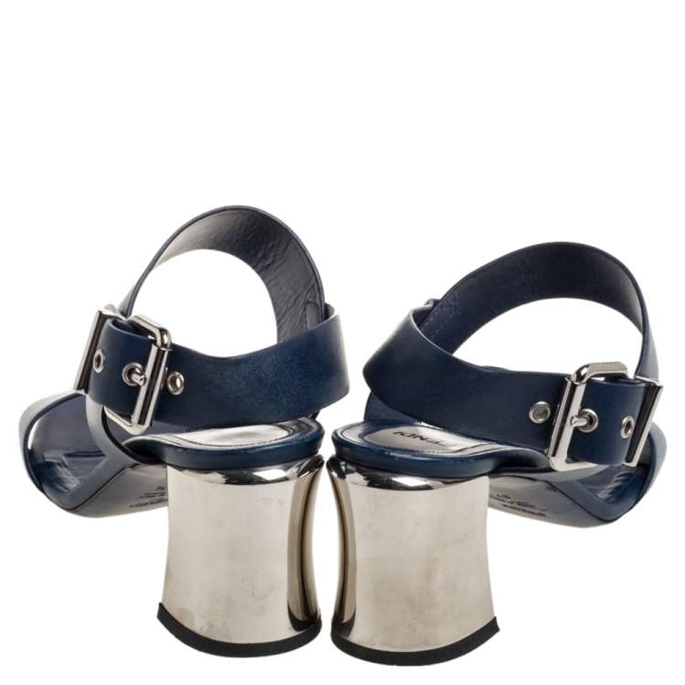 Pre Owned Fendi Blue Leather Metal Block Heel Ankle Strap Sandals Size 37.5