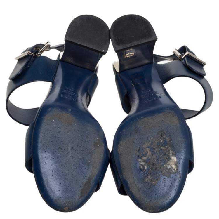 Pre Owned Fendi Blue Leather Metal Block Heel Ankle Strap Sandals Size 37.5