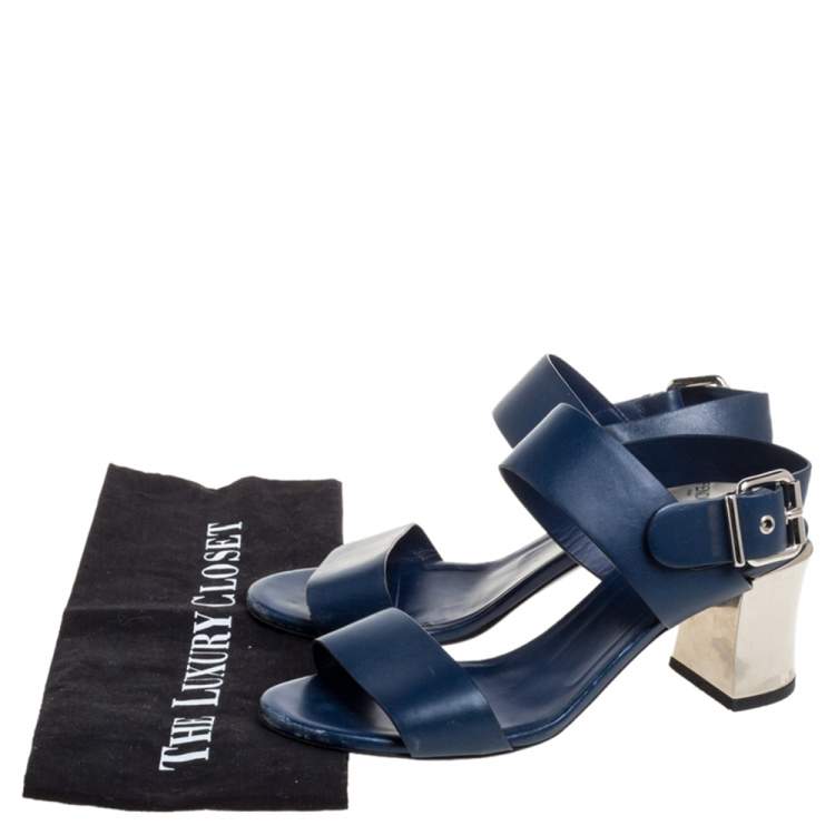 Pre Owned Fendi Blue Leather Metal Block Heel Ankle Strap Sandals Size 37.5