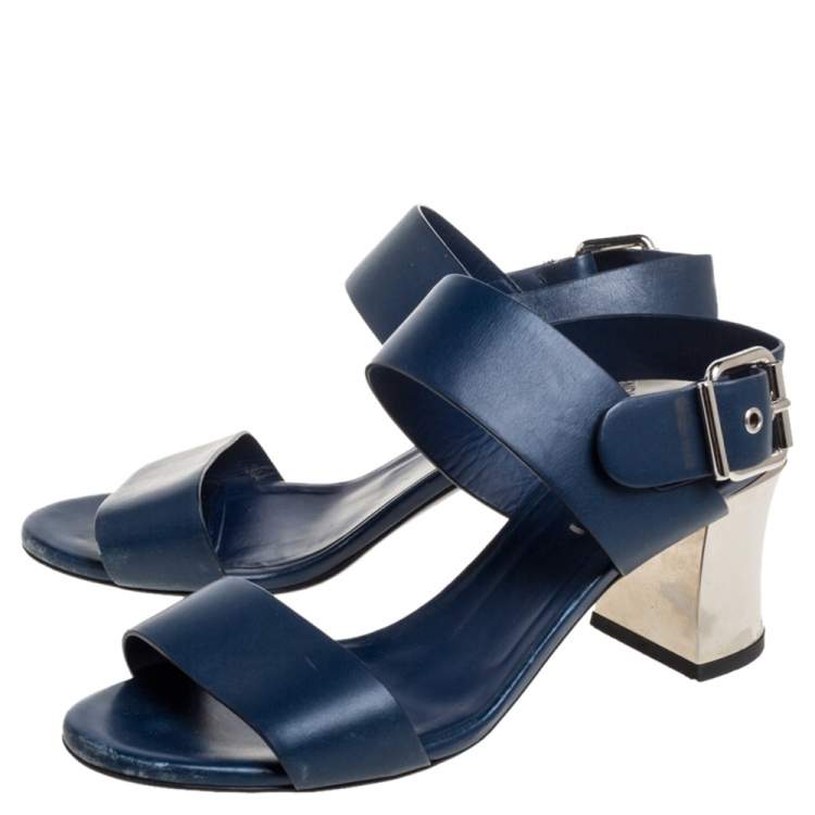 Pre Owned Fendi Blue Leather Metal Block Heel Ankle Strap Sandals Size 37.5