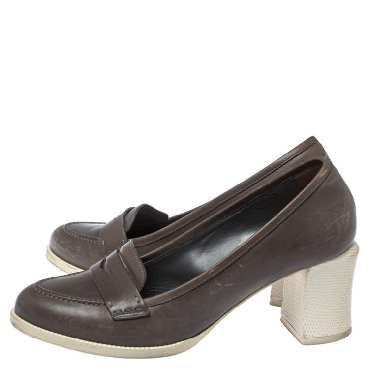Pre Owned Fendi Brown Leather Karung Accented Penny Loafer Pumps Size 37.5