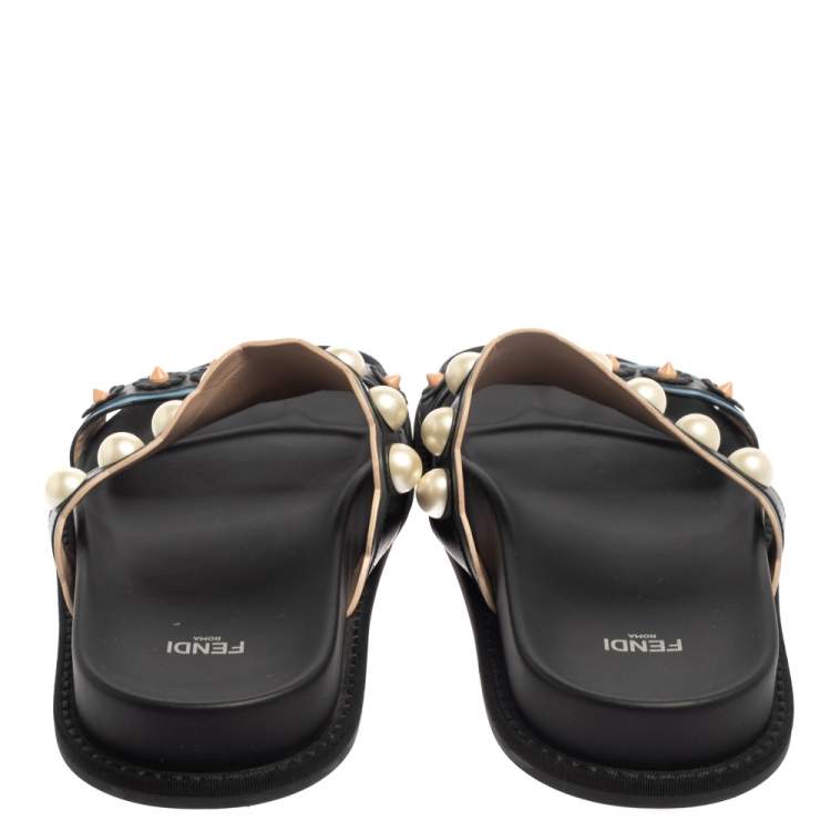 Pre Owned Fendi Multicolor Leather Faux Pearl Embellished Flat Slides Size 40