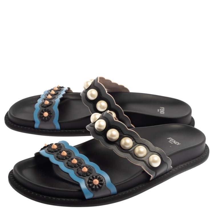 Pre Owned Fendi Multicolor Leather Faux Pearl Embellished Flat Slides Size 40