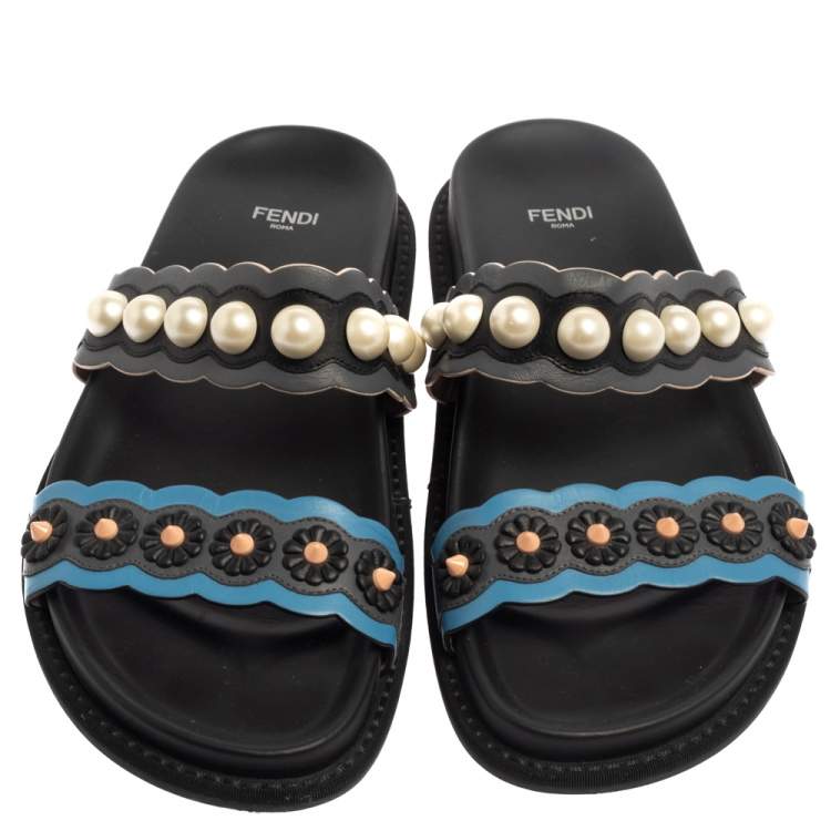Pre Owned Fendi Multicolor Leather Faux Pearl Embellished Flat Slides Size 40