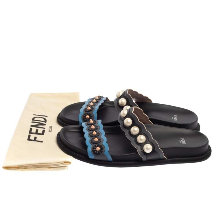 Pre Owned Fendi Multicolor Leather Faux Pearl Embellished Flat Slides Size 40