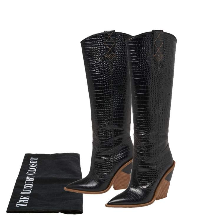 مملوكة مسبقًا Fendi Black Croc Embossed Leather Cowboy Boots Size 39