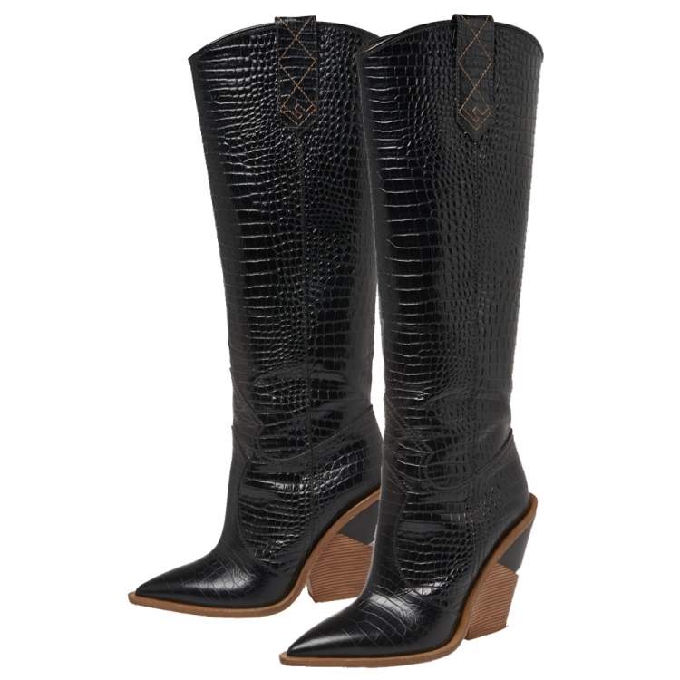 مملوكة مسبقًا Fendi Black Croc Embossed Leather Cowboy Boots Size 39