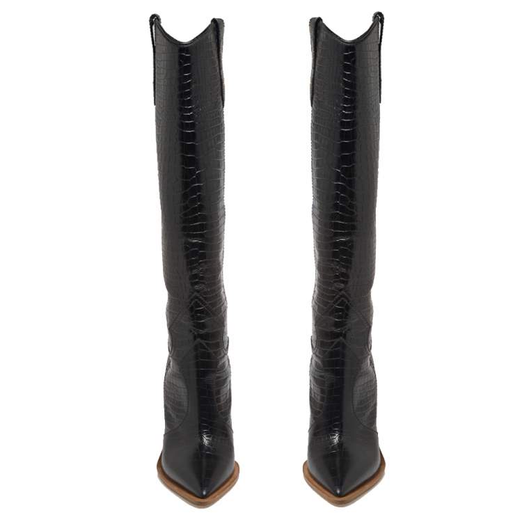مملوكة مسبقًا Fendi Black Croc Embossed Leather Cowboy Boots Size 39