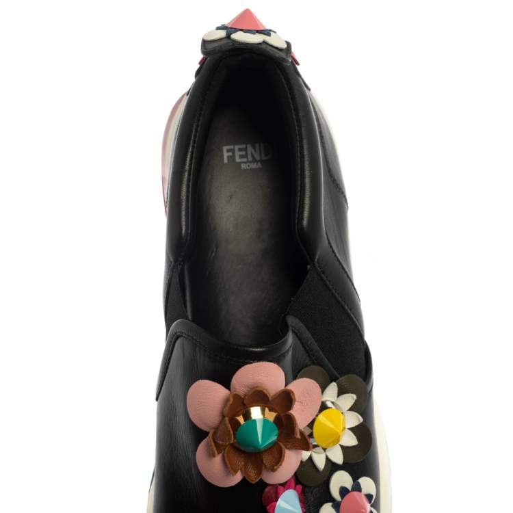 Pre Owned Fendi Black Leather Flower-Embellished Sneakers Size 38