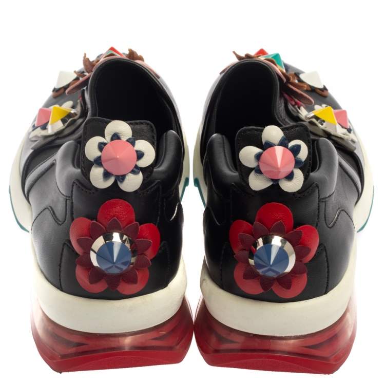 Pre Owned Fendi Black Leather Flower-Embellished Sneakers Size 38