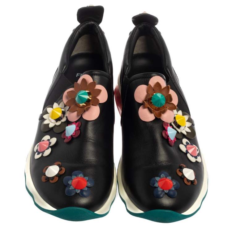 Pre Owned Fendi Black Leather Flower-Embellished Sneakers Size 38