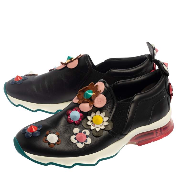 Pre Owned Fendi Black Leather Flower-Embellished Sneakers Size 38