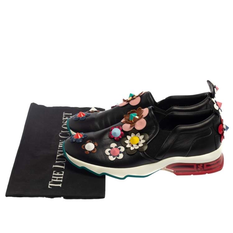 Pre Owned Fendi Black Leather Flower-Embellished Sneakers Size 38