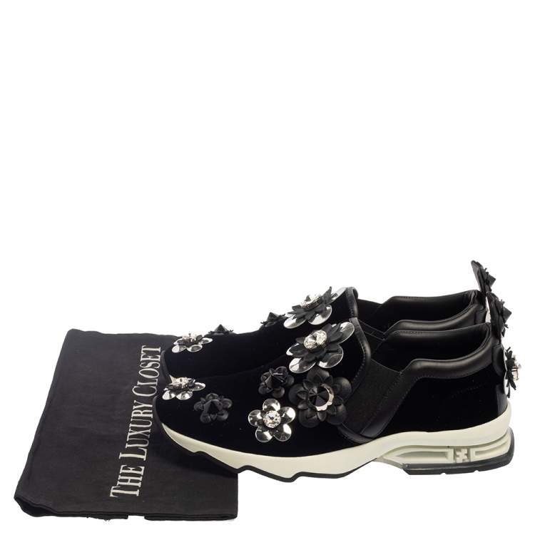 Pre Owned Fendi Black Velvet And Leather Trim Flowerland Slip On Sneakers Size 38