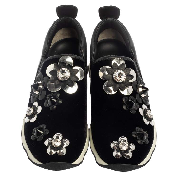 Pre Owned Fendi Black Velvet And Leather Trim Flowerland Slip On Sneakers Size 38