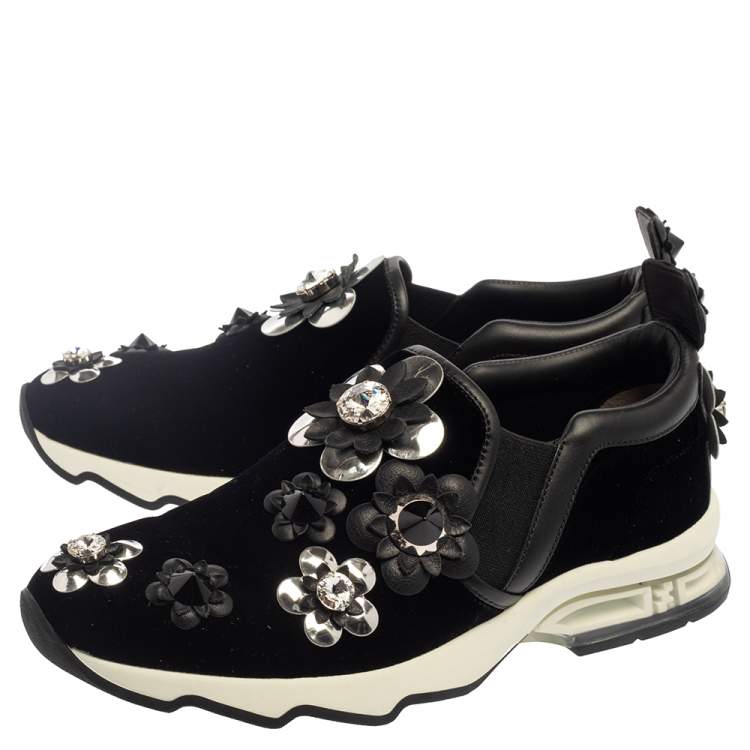 Pre Owned Fendi Black Velvet And Leather Trim Flowerland Slip On Sneakers Size 38