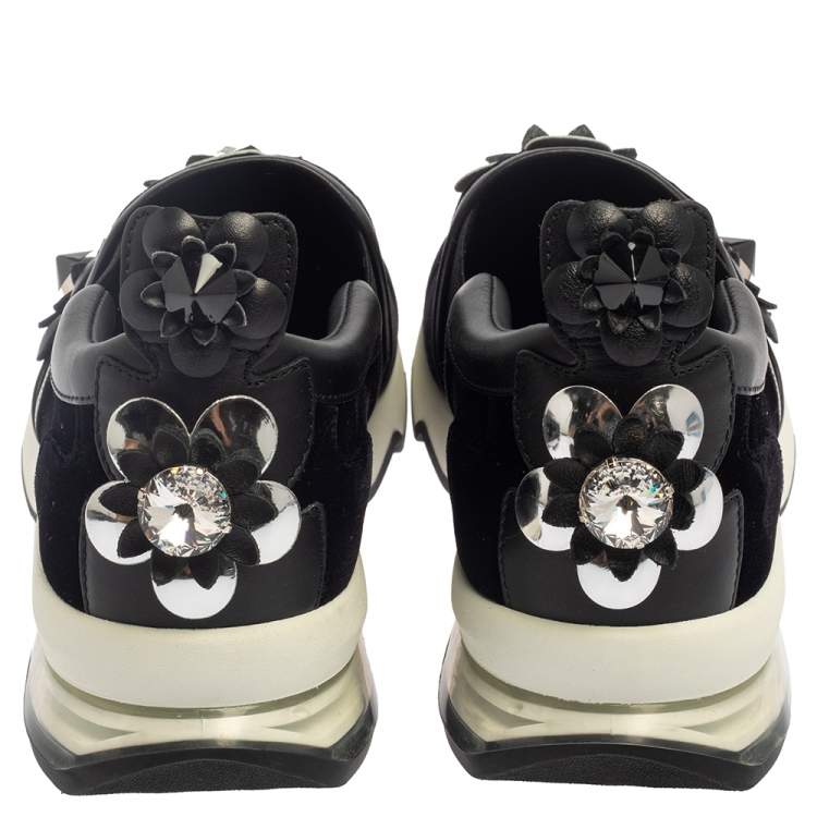 Pre Owned Fendi Black Velvet And Leather Trim Flowerland Slip On Sneakers Size 38
