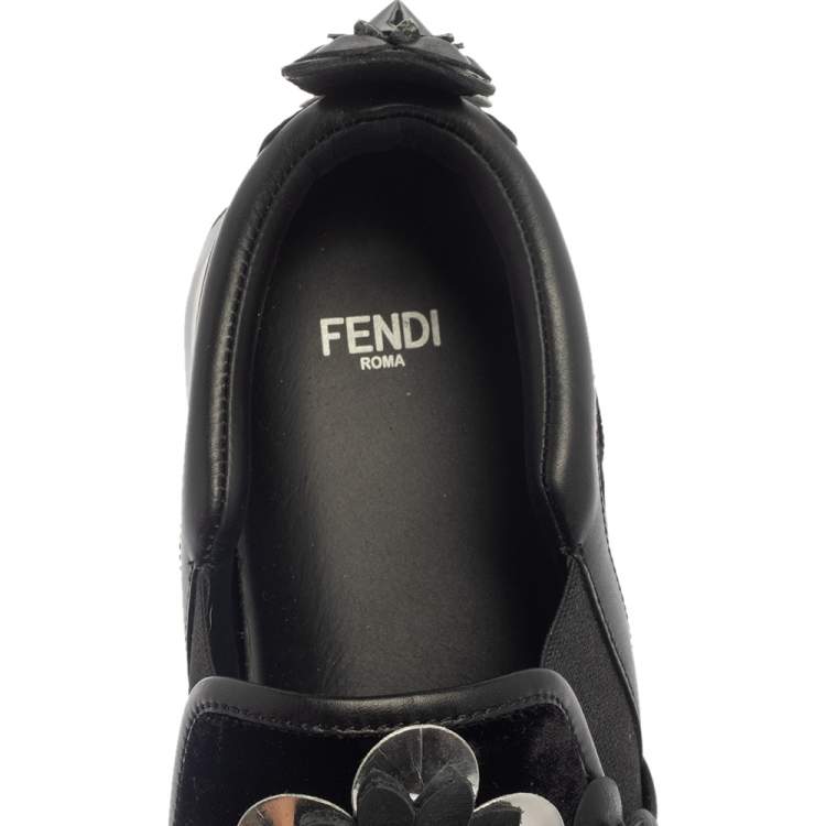Pre Owned Fendi Black Velvet And Leather Trim Flowerland Slip On Sneakers Size 38