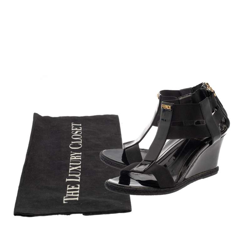 Pre Owned Fendi Black Patent Leather And Elastic T-Strap Espadrille Wedge Sandals Size 37.5