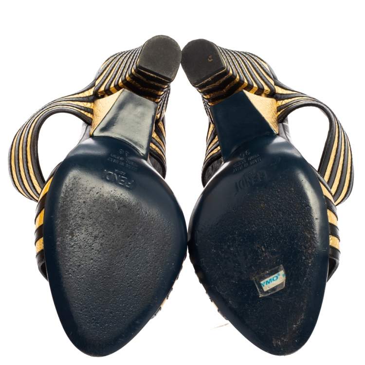 Pre Owned Fendi Black/Gold Wave Striped Leather Mule Sandals Size 36