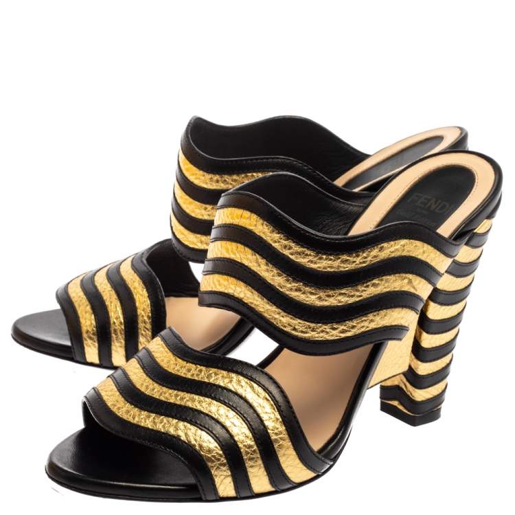 Pre Owned Fendi Black/Gold Wave Striped Leather Mule Sandals Size 36