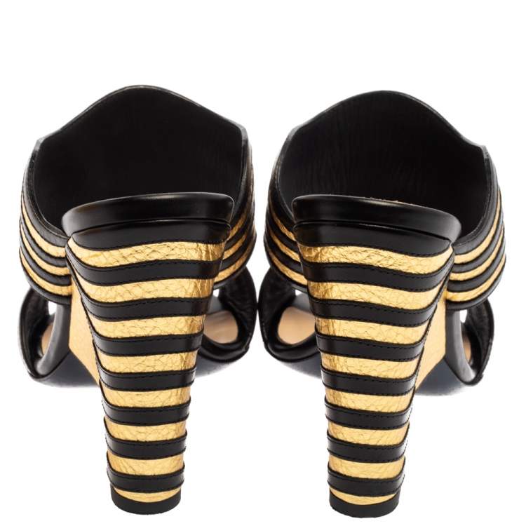 Pre Owned Fendi Black/Gold Wave Striped Leather Mule Sandals Size 36