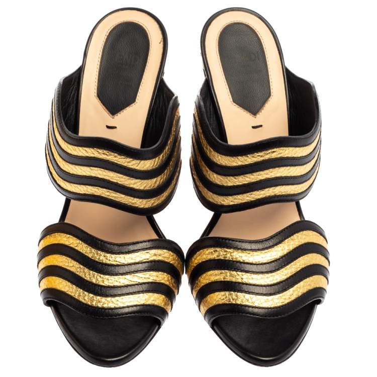 Pre Owned Fendi Black/Gold Wave Striped Leather Mule Sandals Size 36