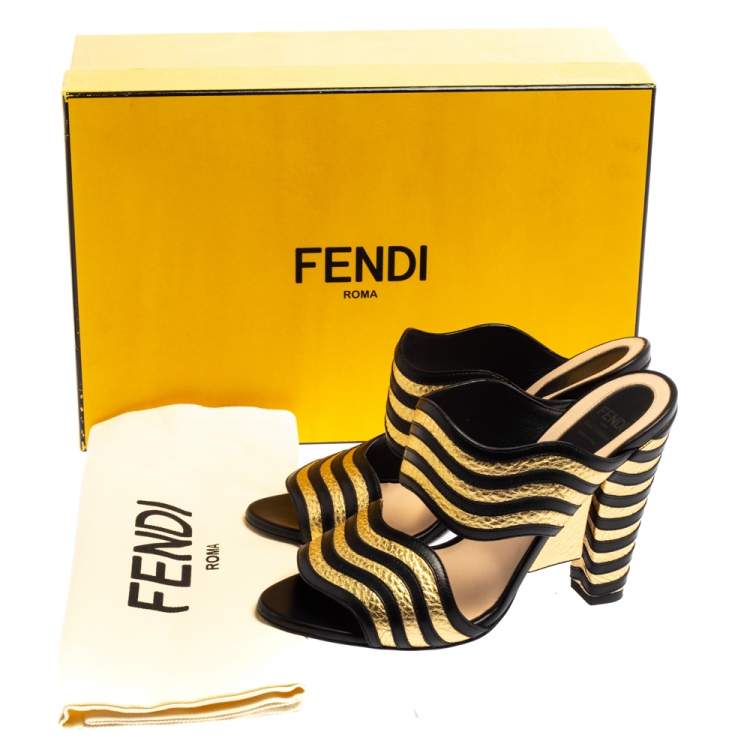 Pre Owned Fendi Black/Gold Wave Striped Leather Mule Sandals Size 36