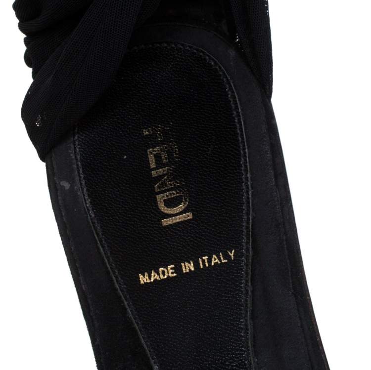 Pre Owned Fendi Black Mesh and Suede Bow Open Toe Flat Sandals Size 38.5