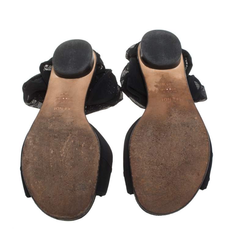 Pre Owned Fendi Black Mesh and Suede Bow Open Toe Flat Sandals Size 38.5