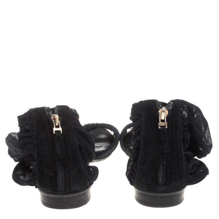 Pre Owned Fendi Black Mesh and Suede Bow Open Toe Flat Sandals Size 38.5