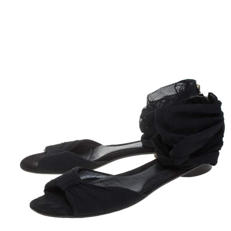 Pre Owned Fendi Black Mesh and Suede Bow Open Toe Flat Sandals Size 38.5