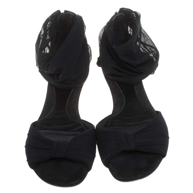 Pre Owned Fendi Black Mesh and Suede Bow Open Toe Flat Sandals Size 38.5