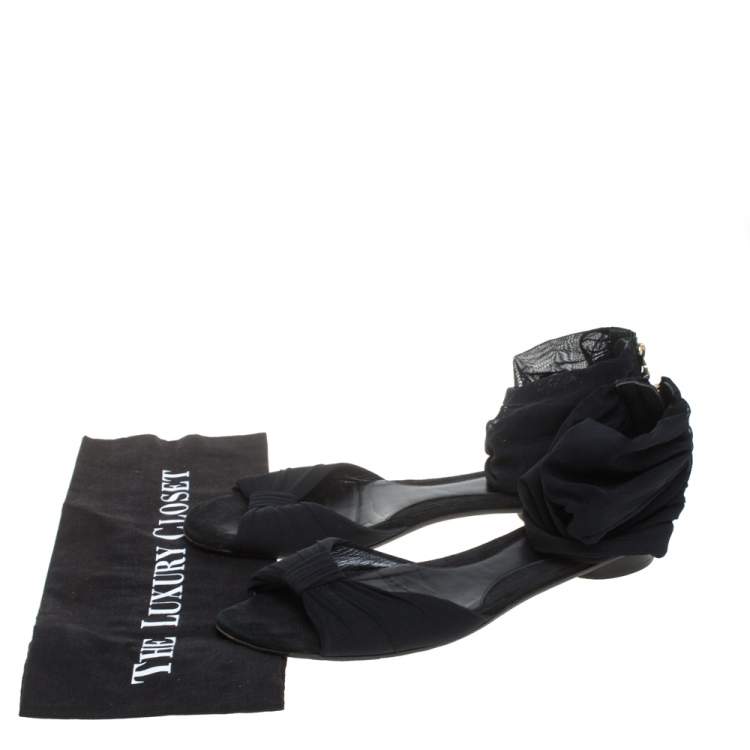 Pre Owned Fendi Black Mesh and Suede Bow Open Toe Flat Sandals Size 38.5