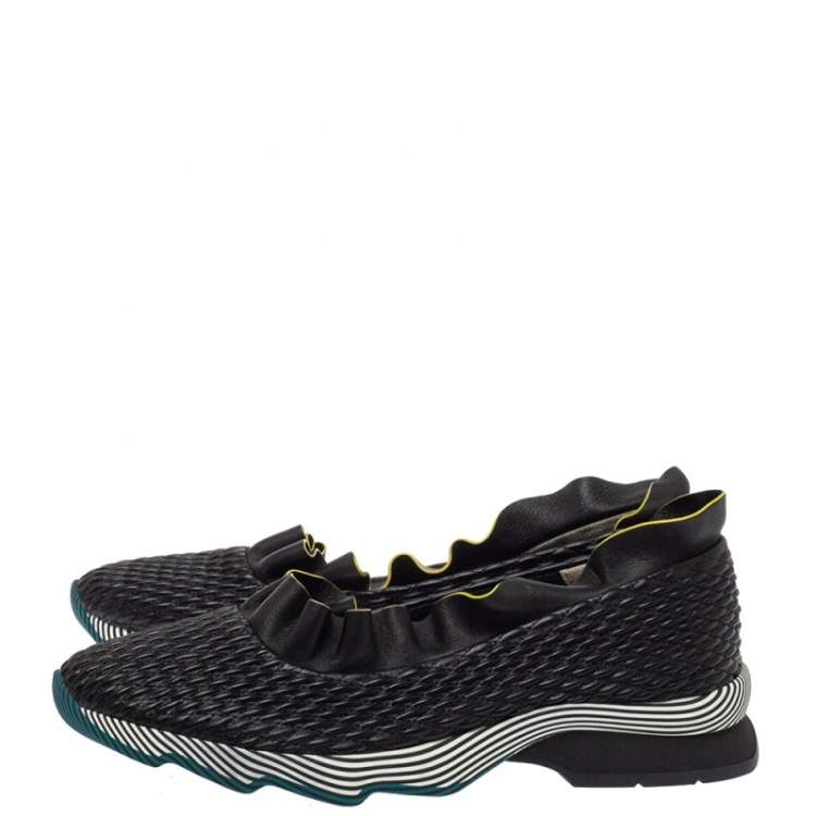 Pre Owned Fendi Black Smocked Leather Ruffle Trim Slip On Sneakers Size 40